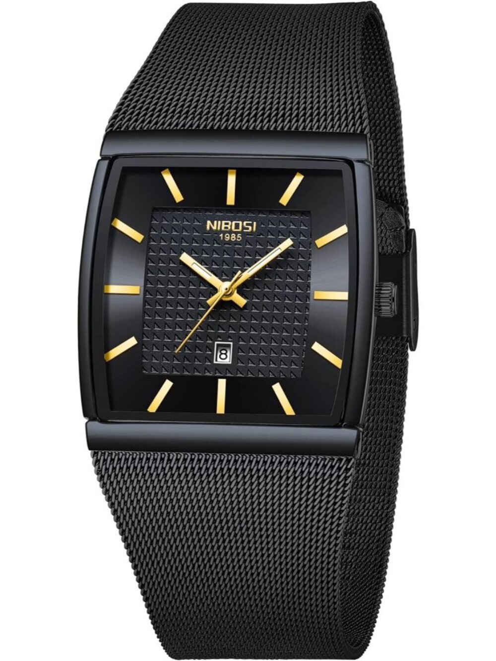 Nibosi Men's Black Square Analog Quartz Stainless Mesh Strap Waterproof Watch